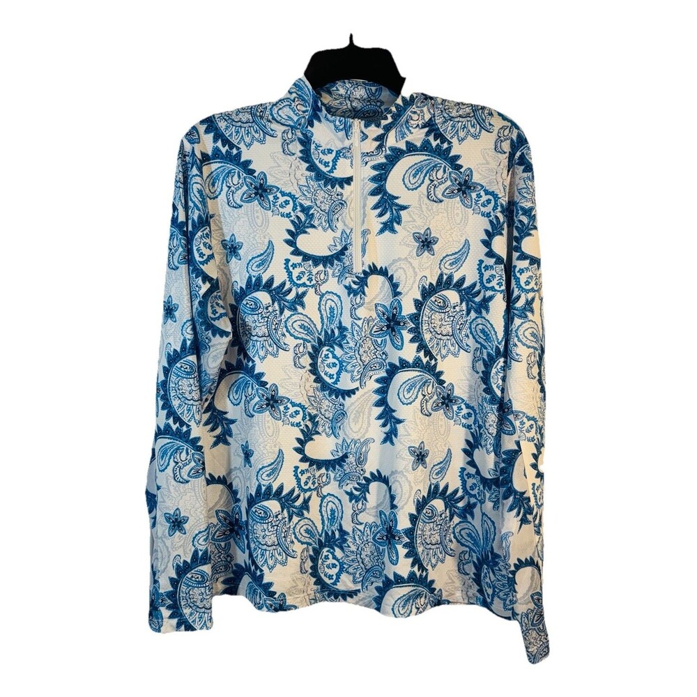 Womens X by Gottex Size Large 1/4 Zip Long Mesh Sleeve Blue Floral Golf Stretch